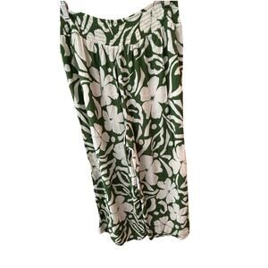 Grace Palazzo Pants Green Cream Abstract Floral Beach Resort Hawaiian Sz Lg